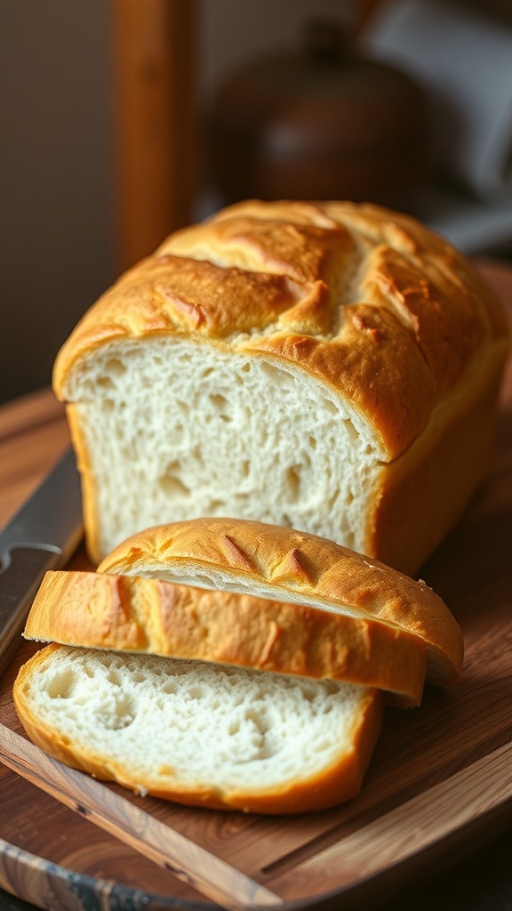 Gluten-Free Bread Recipe for Bread Maker A golden brown gluten-free bread loaf sliced on a wooden board with a knife.